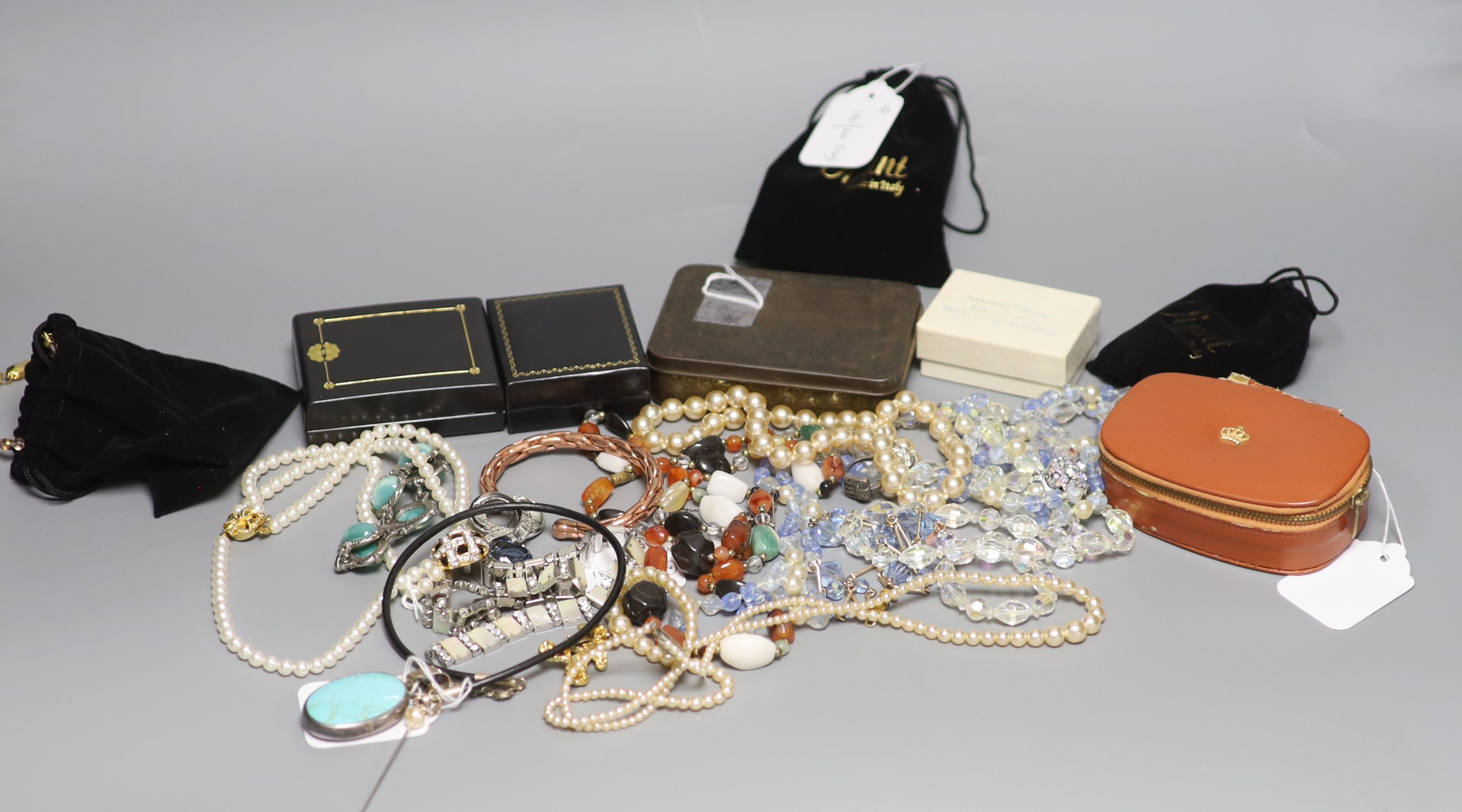 A quantity of silver and costume jewellery, coins and banknotes, including a silver curb-link chain necklace